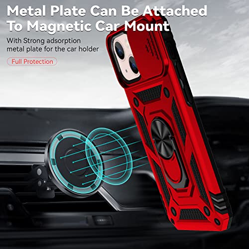 for iPhone 13 Case with Camera Lens Cover HD Screen Protector, Dual Layer [15 FT Military Grade Drop Protection] Magnetic Ring Holder Kickstand Protective Phone Case for iPhone 13 6.1 inch (Red) - color: Red with camera cover Military-Grade 2nd gen