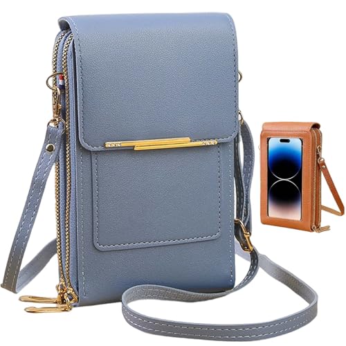 Women's Touch Screen Mobile Phone Messenger Bag, RFID Leather Crossbody Wallet Purse, Anti-Theft Shoulder Strap - color: Blue