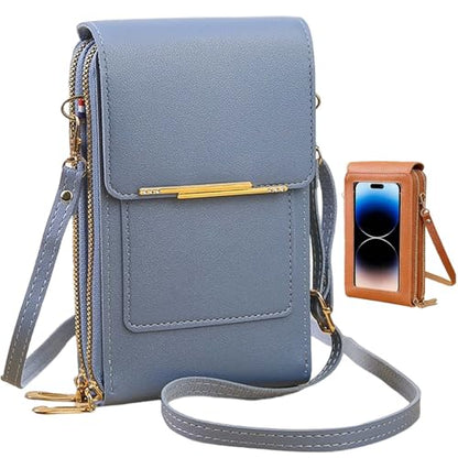Women's Touch Screen Mobile Phone Messenger Bag, RFID Leather Crossbody Wallet Purse, Anti-Theft Shoulder Strap - color: Blue