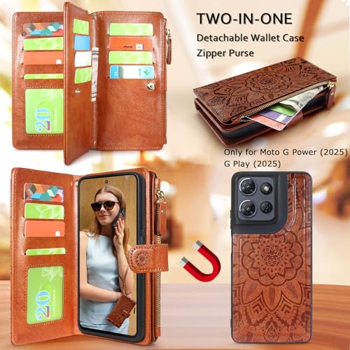 Harryshell Detachable Wallet Leather Case Compatible with Motorola Moto G Power 2025 / G Power 2026 Magnetic Phone Case Zipper with Cash Coin Pocket Multi Card Slots Holder Wrist Strap (Flower Brown) - color: Flower Brown, size: Moto G Power 2025 / Moto G