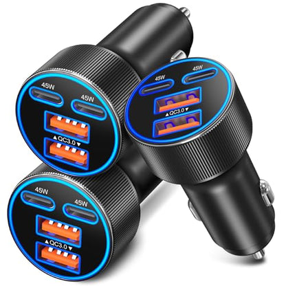 USB C Car Charger, 3 Pack 90W 4-Port Dual 45W Super Fast Car Phone Charger - color: Black
