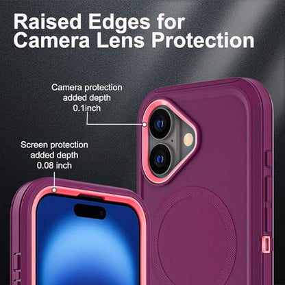 YKHJKLEC for iPhone 16 Case, Compatible with Magsafe, Military Grade 3 in 1 Heavy Duty Shockproof/Drop Proof/Dust Proof Case with 2Pcs Tempered Glass Screen Protector (New-Purple/Pink) - color: New-Purple/Pink