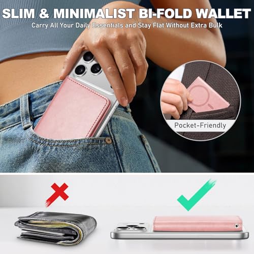 TUCCH Magnetic Wallet for Magsafe iPhone, 6 Card Holders, Rose Gold | for iPhone 17/17e/16/15/14/13/12 Pro/Pro Max/Plus, RFID Blocking, Clear ID Window, PU Leather - color: Rose Gold