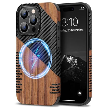 TENDLIN Magnetic Case Compatible with iPhone 15 Pro Case Wood Grain with Carbon Fiber Texture Design Leather Hybrid Slim Cover (Compatible with MagSafe) Twill - color: Magnetic Twill, size: iPhone 15 Pro