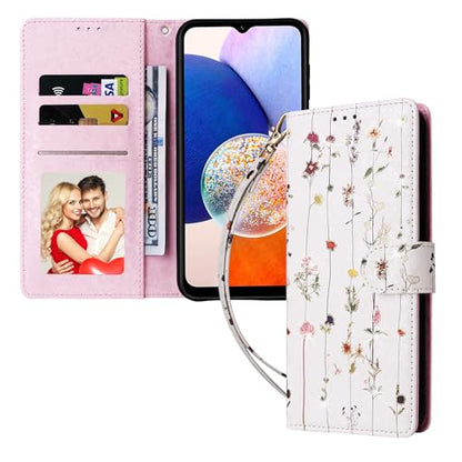 UEEBAI Wallet Case for Samsung Galaxy A35 5G, PU Leather Phone Case Kickstand RFID Blocking Flip Case Card Slots Wrist Strap Relief Engraved Pattern Magnetic Closure Folio Case - Vine - color: Vine