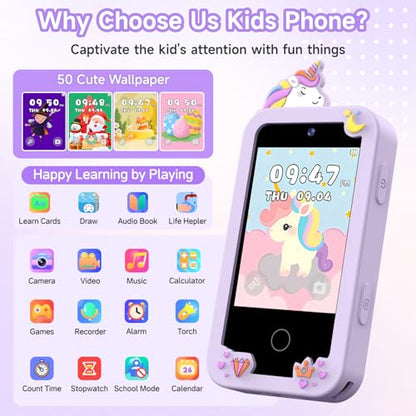 Kids Smart Phone Toys for Girls Age 3-9, Touchscreen Dual Camera Kids Phone, Christmas Birthday Gifts for Age 3 4 5 6 7 8 9, Toddler Learning Play Toy with Music Player, 8G Card - color: Rice White