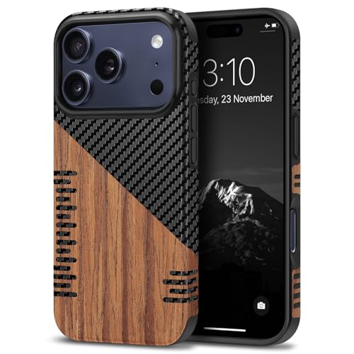 TENDLIN Compatible with iPhone 17 Pro Max Case Wood Grain with Carbon Fiber Texture Design Leather Hybrid Slim Case (Twill) - color: Twill, size: iPhone 17 Pro Max