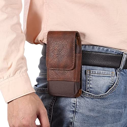 Cell Phone Belt Clip Holster Leather Men, Cell Phone Waist Bag with Card Holder, Vertical Leather Smartphone Pouch with Belt Loop Carry Case Travel Outdoor Camping Phone Belt Holder Wallet Fanny Pack - color: Brown, size: 6.9 INCH