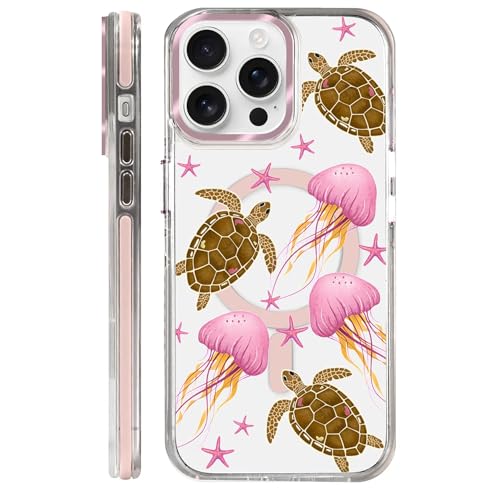 VisEnt Clear Case for iPhone 14 Pro Max, Magnetic Phone Case, Transparent Slim Cover, Military Grade Protection, Shockproof, Anti-Yellowing, Scratch Resistant, Pink Jellyfish Sea Turtle - color: Pink Jellyfish Sea Turtle, size: Iphone 14 Pro Max