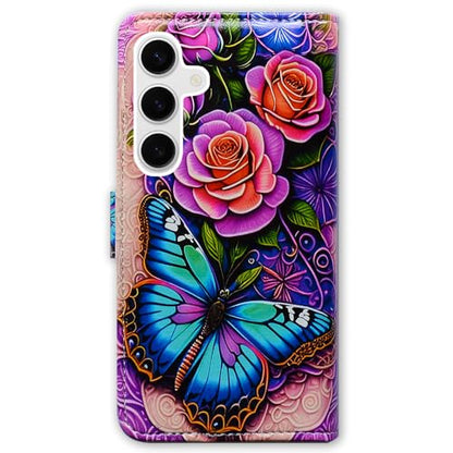 Bcov Case for Galaxy S26,Blue Butterfly Flowers Rose Leather Flip Phone Case Wallet Cover with Card Slot Holder Kickstand Case for Samsung Galaxy S26 - color: Blue Butterfly Flowers Rose