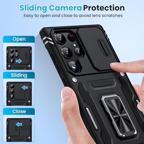 for Samsung Galaxy S22 Ultra Case with 2 PCS HD Screen Protector, Military Grade Drop Protection Metal 360 ° Rotating Ring Kickstand Slide Camera Cover, Shockproof for Galaxy S22 Ultra Case, Black | 2 PCS HD Screen Protector, Magnetic Metal 360 ° Rotating