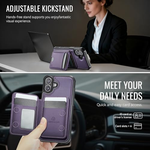 WJX for iPhone 16 Plus MagSafe Wallet Case, 2-in-1 Detachable Luxury Card Holder, Universal MagSafe Compatible, RFID Blocking, Shockproof Kickstand Slim Cover， Grape Purple - color: Grape purple, size: iPone 16 Plus