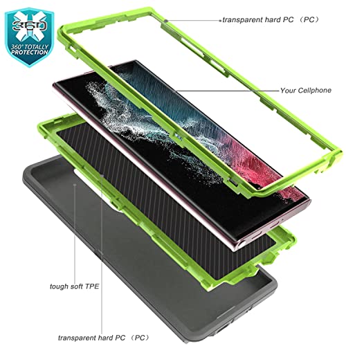 YmhxcY for S22 Ultra Case, Drop Proof 3-Layer Durable Cover/Shockproof Armor Drop Protection/Solid Rubber Protective Matte Cover for Galaxy S22 Ultra 6.8”-Dark Grey/Lime Green - color: Dark grey and Lime green