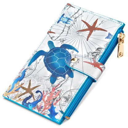 Travelambo RFID Wallet Women Large Size Bifold Multi Card Wallet Case with Zipper Pocke Credit Card Holder for Women - color: Blue Sea Turtle