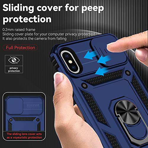 for iPhone XS Max Case with Camera Lens Cover HD Screen Protector, Dual Layer Military Grade Drop Protection Magnetic Ring Holder Kickstand Protective Phone Case for iPhone XS Max 6.5 inch (Navy Blue) - color: Navy Blue with camera cover Military-Grade 2n
