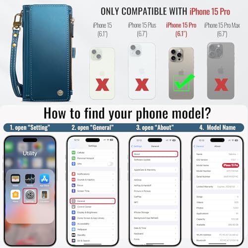 Defencase for iPhone 15 Pro Wallet Case with RFID Card Holder, Dark Blue | Durable Soft PU Leather, with Zipper Pocket, Wrist Strap, Fashion Snap Flip Phone Cases Cover with Stand for Women and Men - color: Lake Blue