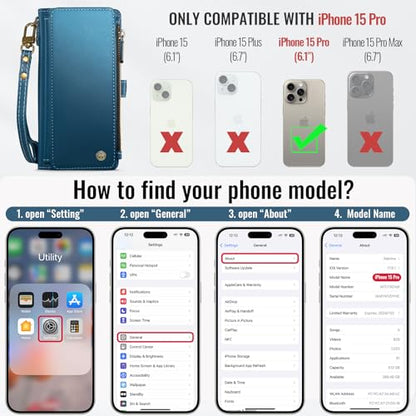 Defencase for iPhone 15 Pro Wallet Case with RFID Card Holder, Dark Blue | Durable Soft PU Leather, with Zipper Pocket, Wrist Strap, Fashion Snap Flip Phone Cases Cover with Stand for Women and Men - color: Lake Blue