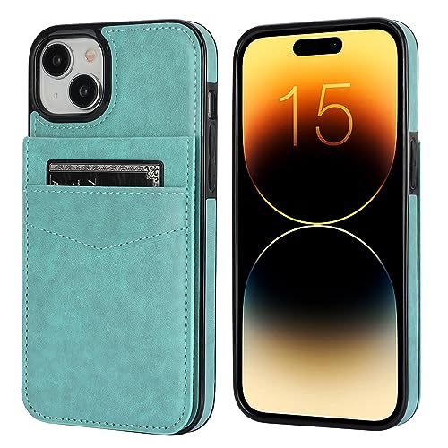 KIHUWEY for iPhone 15 Plus Wallet Case Card Holder Kickstand, Mint Green | Credit Card Slots, PU Leather, Magnetic Clasp, Flip Heavy Duty Protection Cover for Men and Women - color: Mint Green