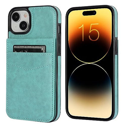 KIHUWEY for iPhone 15 Plus Wallet Case Card Holder Kickstand, Mint Green | Credit Card Slots, PU Leather, Magnetic Clasp, Flip Heavy Duty Protection Cover for Men and Women - color: Mint Green