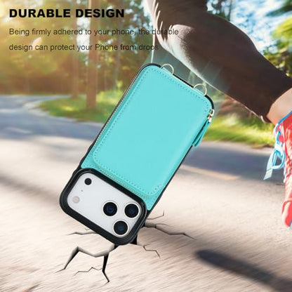 Bocasal Multi-Slot Crossbody Wallet Case for iPhone 17 Pro Max, Mint Green | RFID Blocking PU Leather Purse Case with Card Holder, Handbag Flip Cover with Zipper Wrist Strap Lanyard for Women 6.9 Inch - color: Green