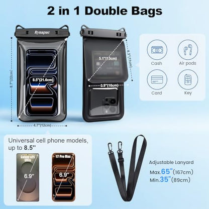 Rynapac Waterproof Phone Pouch Floating [Up to 8.5''] - 1 Pack IPX8 Dry Bag | Double Space, Touchscreen, Underwater Photography, for iPhone 17 16 15 14 Pro Max, Includes Lanyard, Beach Cruise Essentials - color: Blue - 1 Pack