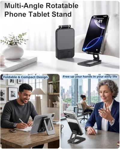 Adjustable Foldable Phone Stand for Desk, Premium Aluminum Cell Phone Holder, Portable Multi-Angle Desktop Stand Compatible with iPhone, Galaxy, iPad, Tablets & All Smartphones