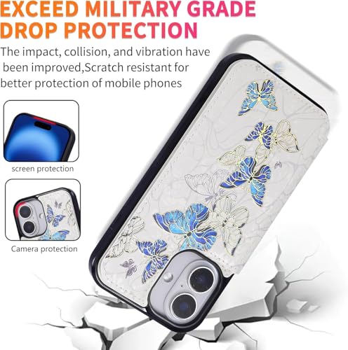 UEEBAI Wallet Case for iPhone 17 with Card Holders, PU Leather Floral Cover Kickstand RFID Blocking Double Magnetic Clasp Rilievo Flower Flip Case for Women Girls - Blue Butterfly | PU Leather Cover, Kickstand, RFID Blocking, Double Magnetic Clasp, Riliev