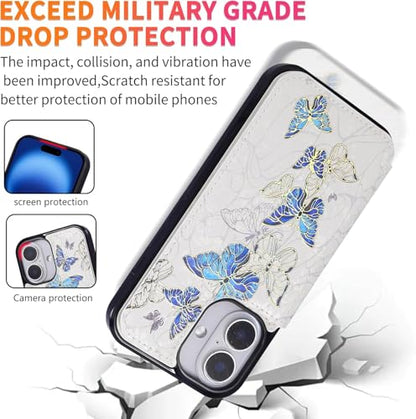 UEEBAI Wallet Case for iPhone 17 with Card Holders, PU Leather Floral Cover Kickstand RFID Blocking Double Magnetic Clasp Rilievo Flower Flip Case for Women Girls - Blue Butterfly | PU Leather Cover, Kickstand, RFID Blocking, Double Magnetic Clasp, Riliev