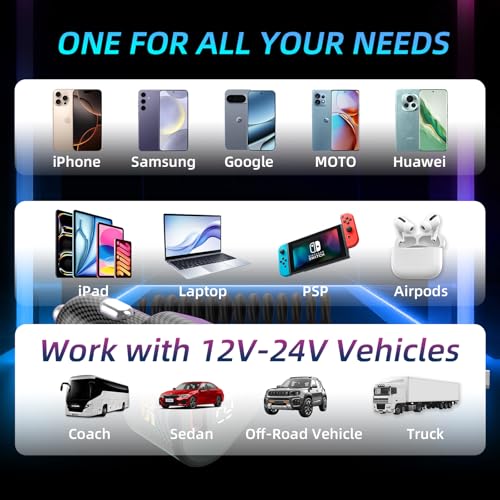 72W Car Charger for iPhone 17 16 15 Pro Max, 3 in 1 Car Charger USB C Fast Charge with Retractable Coiled Cable, Cigarette Lighter Adapter with Voltage Display for Samsung S25 S24 & Google Pixel