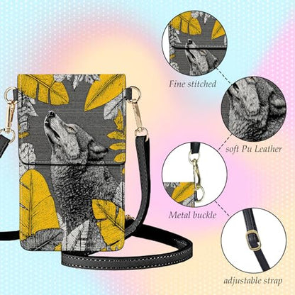 Small Crossbody Bags for Women Touchscreen Cell Phone Bag Cross Body Purses with adjustable Strap,Gifts For Teenage Girls - color: Tropical Leaf Wolf Silhouette