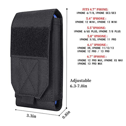 Black Tactical Molle Cellphone Pouch Case,Heavy Duty Waterproof Phone Holster Bag for iPhone 11 12 13 Pro Max for Samsung S22 S21 S20 FE Note 20 A13 A12 A02S Less 6.7" Phone with US Flag Patch - color: Black & 1 Red Patch