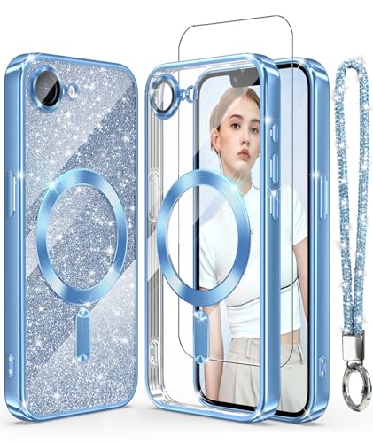 Magnetic Plated Gold Clear TPU Phone Case for iPhone 17e/16e-Blue | Luxury Slim Soft Cover with [Glitter Card&Wrist Strap] [Screen Protector&Camera Lens Protector] for 17e/16e - color: Blue