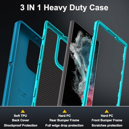 for Samsung Galaxy S22 Ultra Case with 2Pcs Self Healing Flexible TPU Screen Protector & Camera Lens Protector, 3 in 1 Heavy Duty Shockproof/Drop Proof/Dust Proof Case (Blue/Turquoise) - color: Blue/Turquoise