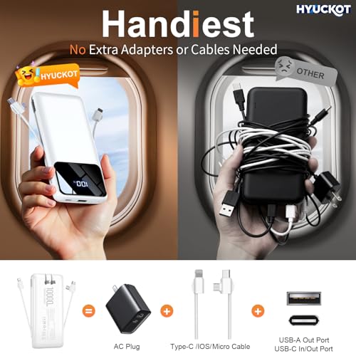 Portable Charger Power Bank with Built-in Cables and Wall Plug 10000mAh