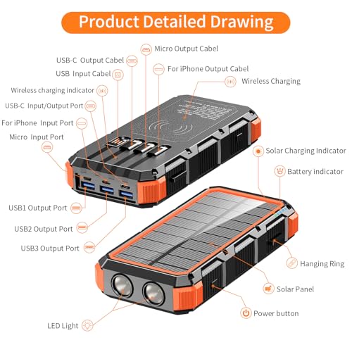 Solar Charger Power Bank 20000mAh Wireless Charger QC 3.0 Fast Charging Power Bank 8 Outputs 4 Inputs Solar Portable Charger Compatible with All Mobile Devices,SOS/Strobe/Strong Flashlights (orange)