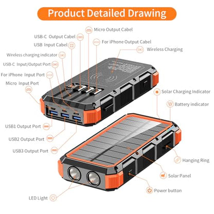 Solar Charger Power Bank 20000mAh Wireless Charger QC 3.0 Fast Charging Power Bank 8 Outputs 4 Inputs Solar Portable Charger Compatible with All Mobile Devices,SOS/Strobe/Strong Flashlights (orange)