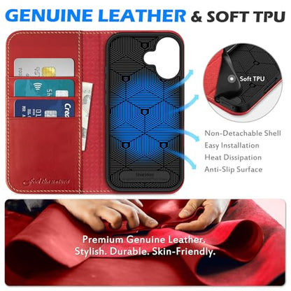 SHIELDON Genuine Leather Case Wallet for iPhone 17 6.3" 2025, Retro Red | Flip Magnetic Cover, RFID Blocking, Credit Card Holder, Kickstand, Book Design, Full Protection, Shockproof Phone Shell - color: Retro Red