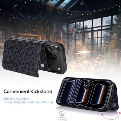 for iPhone 17 Pro Wallet Case with Card Holder,Black Purple Leopard | Flip PU Leather,Built-in Card Slots, Kickstand and Shockproof Case Cover 6.3 inch - color: Black Purple Leopard, size: iPhone 17 Pro 6.3 inch