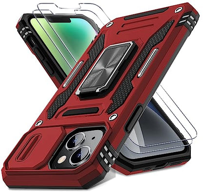 DEERLAMN Case for iPhone 13/iPhone 14 6.1-Inch with Slide Camera Cover+Screen Protector(2 Packs),Rotated Ring Kickstand Military Grade Shockproof Protective Cover-Red - color: Red