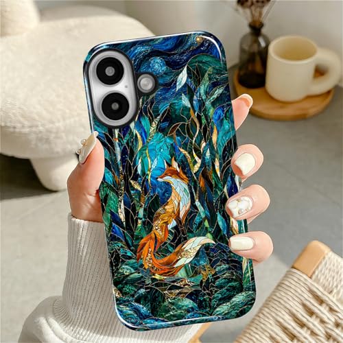 Case Compatible with iPhone 16, Cute Dual Layer Hybrid Phone Cover, Military Grade Drop Protection, Aesthetic Shockproof Phone Case for Women Girls, Woodland Fox Stained Glass - color: Woodland Fox Stained Glass, size: Iphone 16