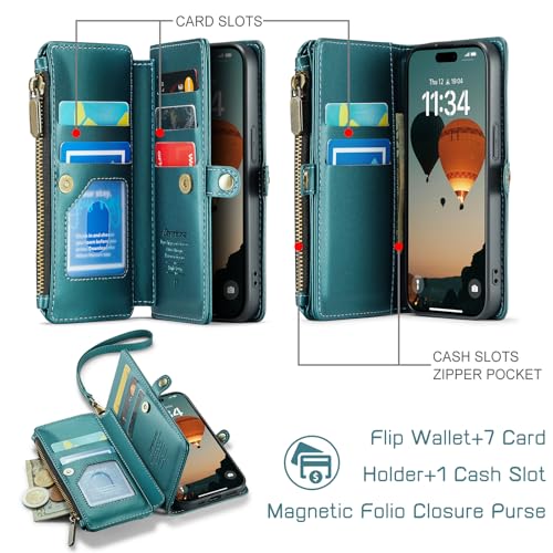 Defencase for iPhone 14 Wallet Case with RFID Blocking Card Holder, Green | Durable Soft PU Leather, with Zipper Pocket, Wrist Strap, Fashion Snap Flip Phone Cases Cover with Stand for Women and Men - color: Blue Green