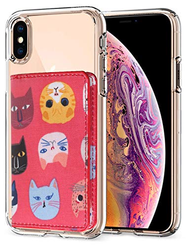 ID Card Holder for Back of Phone Leather Phone Wallet Stick On with Stand Flip Waterproof Leather Adhesive Wallet for Most Cellphones (Red Cat) - color: Red Cat