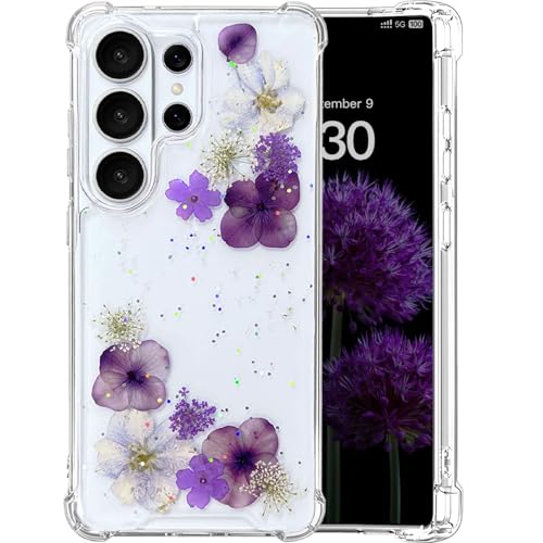 [Real Dried Flower] for Samsung Galaxy S26 Ultra Case Clear Glitter Dried Pressed Flower Case for Galaxy S26 Ultra Cute Soft Silicone TPU Bling Sparkle Women Girls Floral Cover(Purple Flower) - color: Purple Flower, size: for Galaxy S26 Ultra