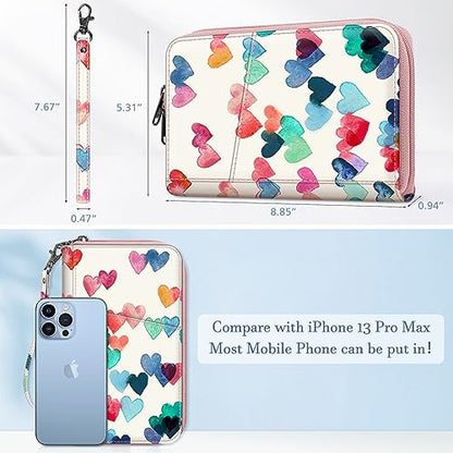 FINTIE Family Passport Holder Wallet Travel Document Organizer Clutch Bag | RFID Blocking Credit Cards Case Cover for Women Men - color: Raining Hearts