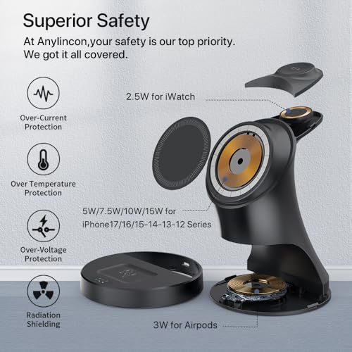 Wireless Charger,3 in 1 Magnetic Wireless Charger Stand, Fast Wireless Charging Dock for iPhone17/16/15/14/13/12 Series, Apple Watch Series, AirPods Pro. - color: Black