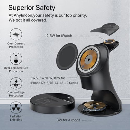 Wireless Charger,3 in 1 Magnetic Wireless Charger Stand, Fast Wireless Charging Dock for iPhone17/16/15/14/13/12 Series, Apple Watch Series, AirPods Pro. - color: Black