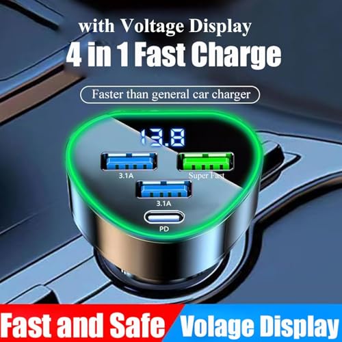 4 in 1 Multi Port USB C Car Phone Charger Adapter with Voltage Display, QC4.0/PPS/AFC Super Fast Cigarette Lighter USB Charge with Volt Meter for iPhone Galaxy Android Phones
