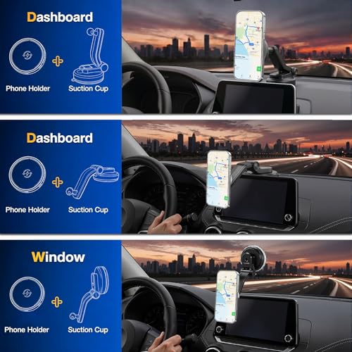 Magnetic Phone Mount for Car, 15W Wireless Car Charger, Dashboard Phone Holder and Windshield Mount, Extendable 360 Degree Arm, Washable Gel Suction Cup, Metal Ring and Cable Included - size: Universal | Mag Charge