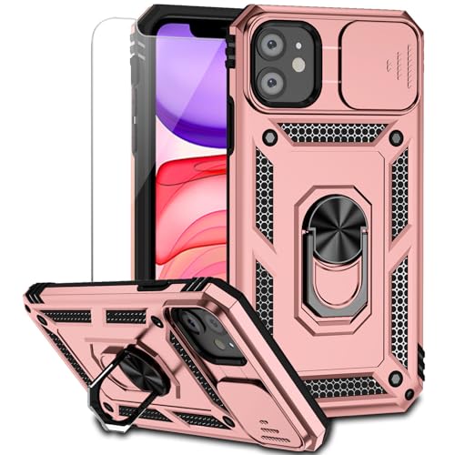 for iPhone 11 Case with Camera Lens Cover HD Screen Protector, Dual Layer [15 FT Military Grade Drop Protection] Magnetic Ring Holder Kickstand Protective Phone Case for iPhone 11 6.1 inch (Rose Gold) - color: Rose Gold with camera cover Military-Grade 2n