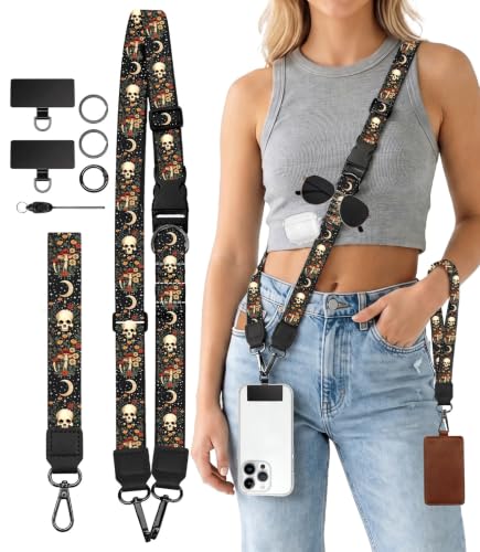 Gothic Skull Moon Phone Lanyard Crossbody Wrist Neck Strap Women - color: Goth Skull